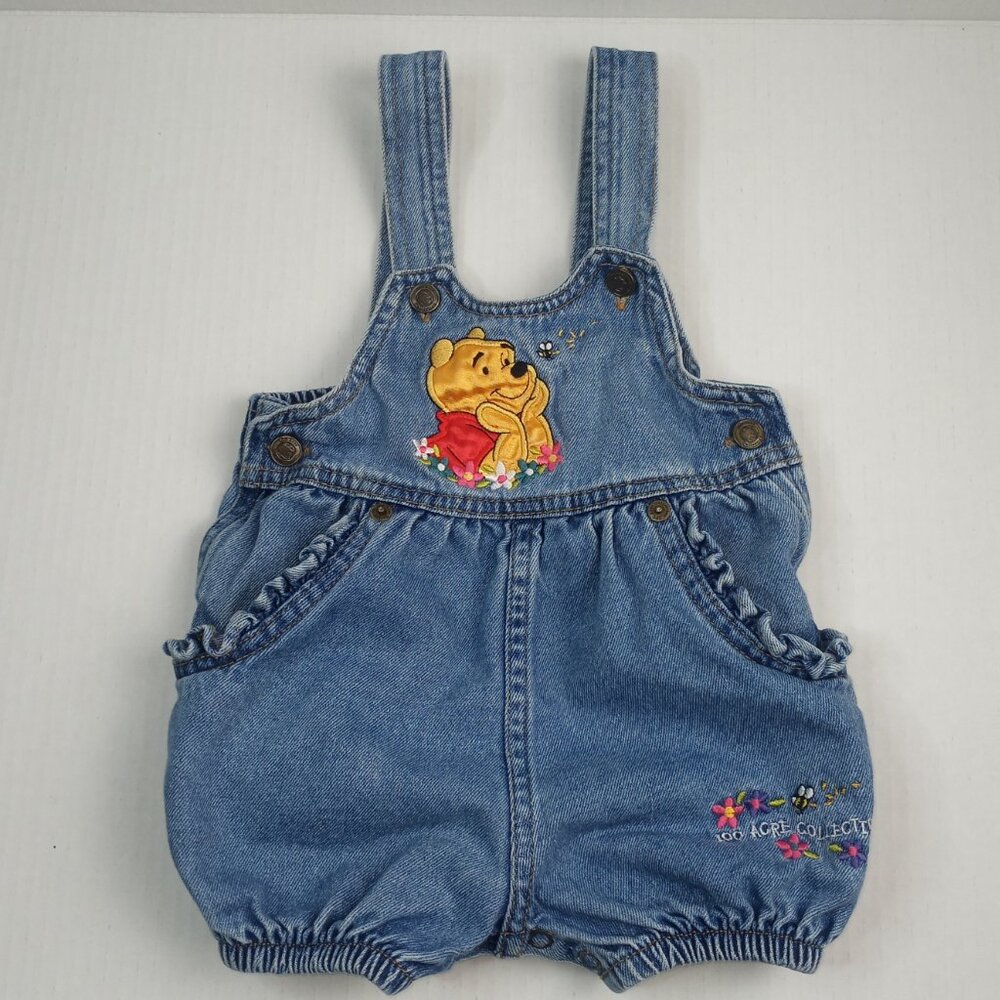 Vintage Winnie the Pooh Embroidered Blue Denim Jean Romper 12M